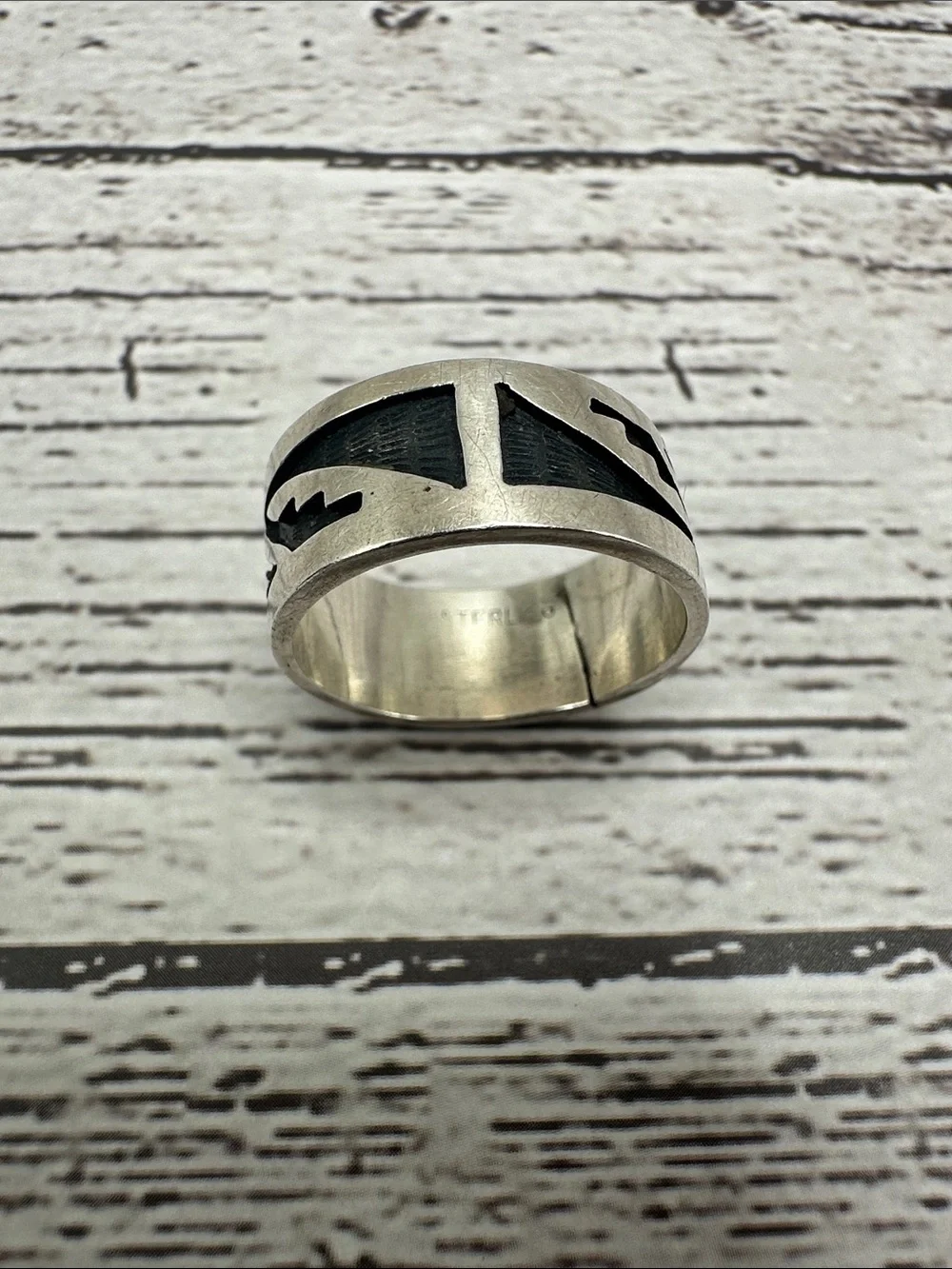 Hopi Silver Band Ring with Black Geometric Inlay